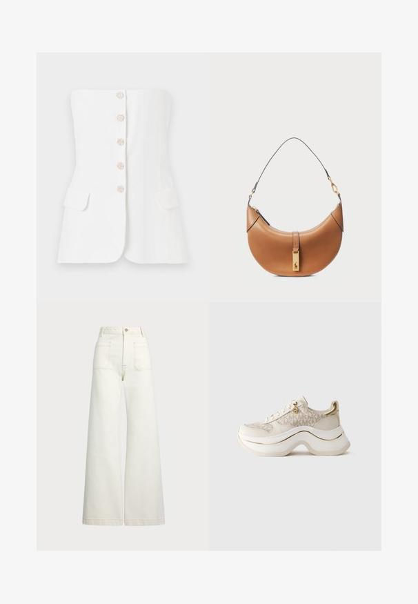 Maje LIVALU - Top - ecru; Wijd-zit jeans van off-white denim. Hooggaande taille met een knoopsluiting, twee voorzakken en contrasterende stikdetails.; Beige en gouden platform sneaker met "MK" patroon, vetersluitingen aan de voorkant, gouden bedel en dikke golvende zool tegen een effen achtergrond.; Tan leren handtas met een gebogen vorm, gouden hardware en een dunne schouderriem. Beschikt over een ritsluiting en logo-detail aan de voorkant.