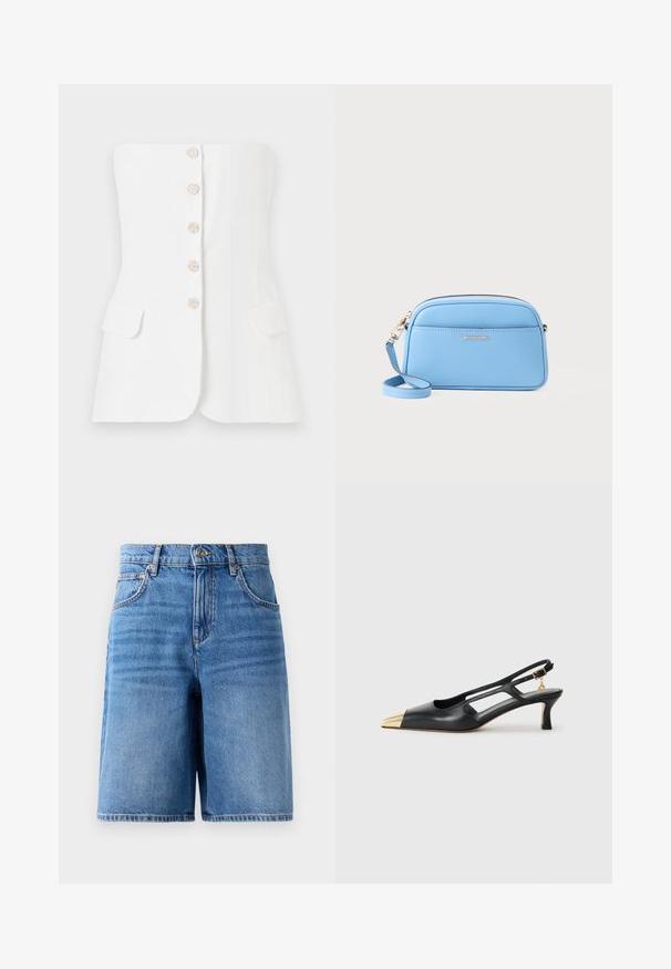 Maje LIVALU - Débardeur - ecru; Shorts en denim bleu clair, à taille haute, avec une coupe large, cinq poches et des détails cousus le long des bords.; Chaussure slingback en cuir noir avec un bout pointu et un capuchon métallique doré. Présente un design découpé et un talon fin avec une sangle ajustable.; Sac en cuir bleu clair porté travers avec des accessoires en métal doré, fermeture éclair et une poche avant. Il dispose d'une bandoulière réglable pour plus de commodité.