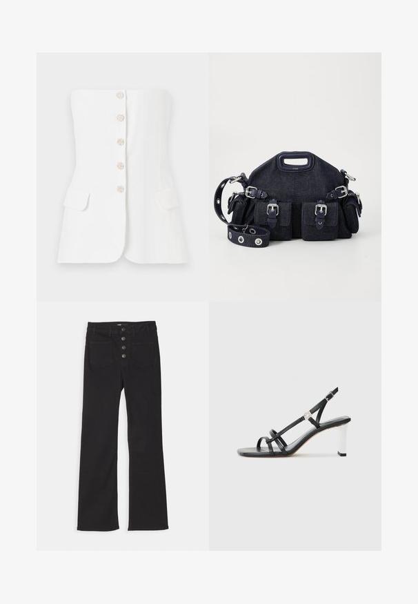 Maje LIVALU - Felső - ecru; Fekete, bővülő szárú farmernadrág, magas derékkal, öt zsebes dizájnnal és elöl négy fémből készült gombbal záródik.; Fekete magassarkú szandál, több keskeny pánttal, slingback fazonnal és ezüst szegéllyel a sarkon. Simább anyagú felsőrész és négyzet alakú sarok.; Sötétkék farmer táska lekerekített formával, több külső zsebbel, állítható pánttal és ezüstszínű fém kiegészítőkkel. A tetején fogantyú is található.