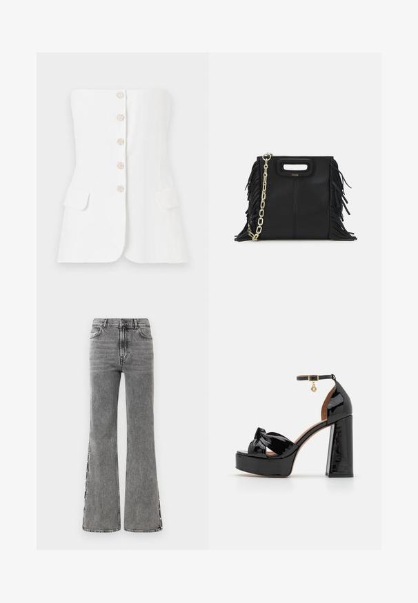 Maje LIVALU - Top - ecru; Flared black denim jeans with a high waist. Features visible stitching and side slit details, offering a textured look.; Maje High heeled sandals - noir; Black leather handbag with fringe details, gold chain shoulder strap, and a cut-out handle. Features logo placement on the front.