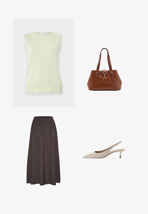 Lysegrøn ærmeløs top med rund hals. Lavet af blødt stof, der har en glat tekstur og et minimalistisk design.; Maxi nederdel i mørkebrun, lavet af textured stof med elastisk talje. Bred, flydende silhuet uden synlige mønstre eller accenter.; Beige slingback-hæle med spids tå og en lav, flared hæl. Fremstillet af glat læder med et minimalistisk design og justerbar rem.; Brun lædertaske med dobbelte stropper, rund form, guldfarvet hardware og en central spænde detalje. Glat tekstur med syninger.