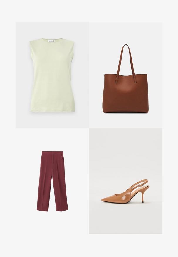 Svetlozelený bezrukávový top s okrúhlym výstrihom. Vyrobený z jemného materiálu, s hladkou textúrou a minimalistickým dizajnom.; Bordové nohavice s širokými nohavicami a hladkým povrchom, s bočnými vreckami a vysokým pásom. Ušité s čistým predným záhybom.; Sandal s úzkym podpätkom a špicatou špičkou v hladkej lesklej hnedej materiáli. Obsahuje zakrivený výrez a štíhly ihlový podpätok. Strieborný prackový detail.; Hnedá kožená taška na rameno s hladkou textúrou, otvoreným vrchom a dvoma ramenými popruhmi. Má minimálne šitia a žiadne viditeľné kovania.
