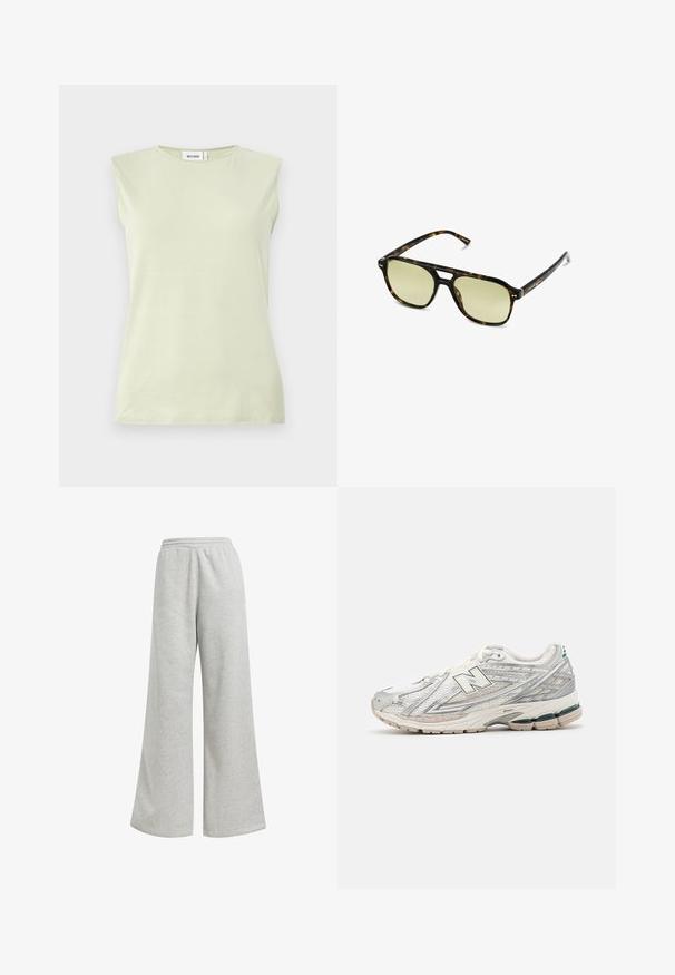Top senza maniche verde chiaro con collo rotondo. Realizzato in tessuto morbido, con una texture liscia e un design minimalista.; Pantaloni sportivi grigi con design a gamba larga, realizzati in morbido cotone. Caratterizzati da una vita elastica e da decorazioni minime.; La scarpa da corsa presenta una tomaia in mesh bianco e argento con dettagli verdi. La suola è spessa e strutturata, progettata per ammortizzazione e supporto.; Occhiali da sole tartaruga con forma rettangolare, lenti con tonalità verde e montatura in acetato decorata. Presentano dettagli metallici vicino alle lenti.