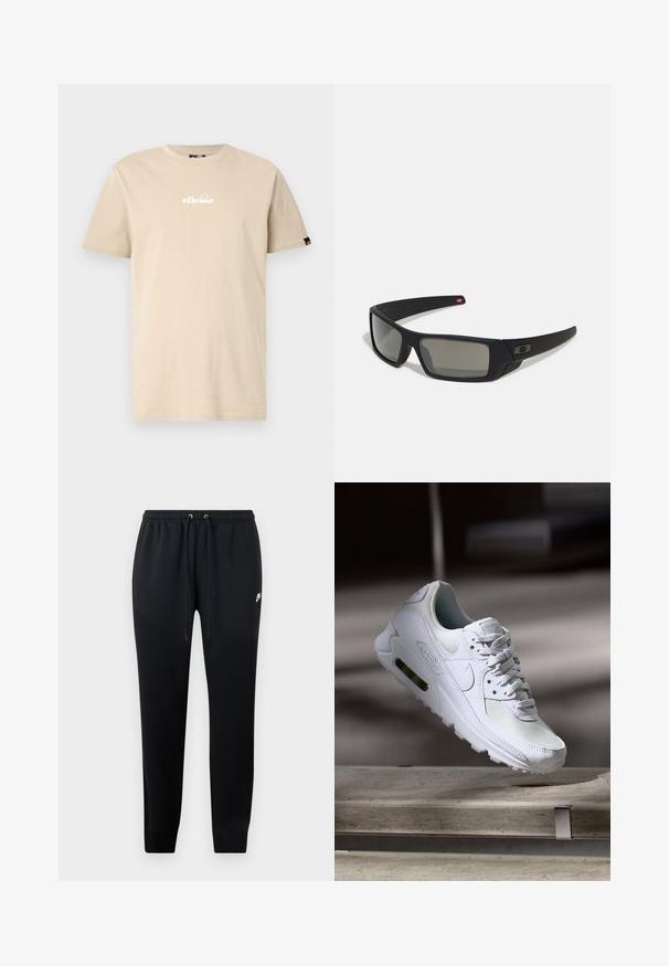 Beige bavlněné tričko s kulatým výstřihem, krátkými rukávy a bílým logem "ellesse" vytištěným na hrudi. Obsahuje černou ozdobnou etiketu.; Černé tepláky vyrobené z měkké látky, s elastickým pasem se šňůrkami, manžetami na kotnících a malým logem na boku.; Bílé tenisky Nike Air Max 90 s vrchním materiálem z textilu a kůže, perforovanou špičkou a viditelnou vzduchovou jednotkou v patě.; Černé sluneční brýle s matným povrchem, obdélníkové čočky, mírná křivka na spáncích, nenápadný detail loga a čočky s kouřovým zabarvením.