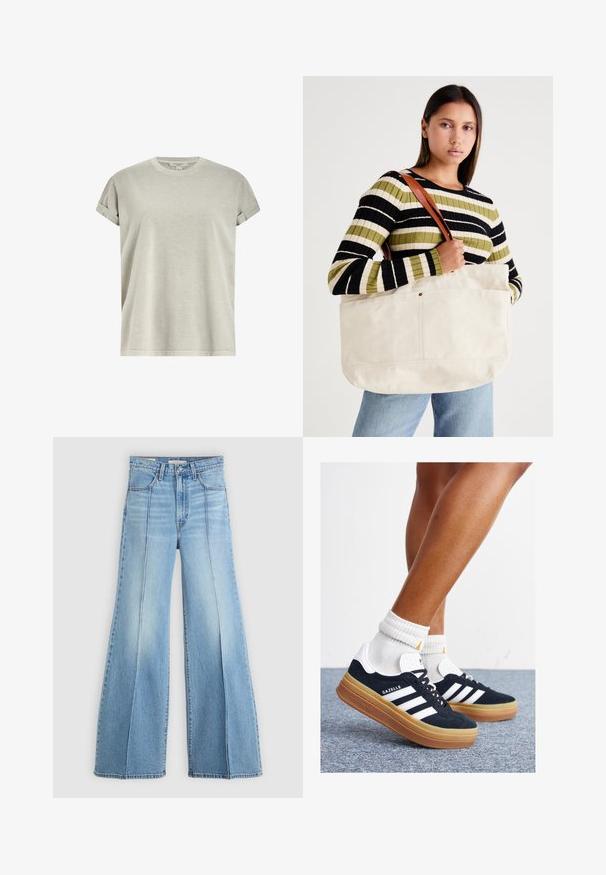 Šviesiai pilka trumpomis rankovėmis marškinėliai, pagaminti iš minkštos medžiagos, su apvalia iškirpte ir sulenktais rankovėmis, laisvo kirpimo.; Šviesiai mėlyni aukšto liemens džinsai su plačiomis kojomis, priekinėmis ir užpakalinėmis kišenėmis, diržo kilpos ir vertikaliomis siūlėmis priekyje.; Juodi zomšiniai sportbačiai su baltais dryžiais ir akcentais, apvalios nosies, guminio, gumos pado, derinami su baltais raitytais vidutinio ilgio kojinaitėmis.; Didelė smėlio spalvos drobės rankinė su rudomis odinėmis diržais, pasižyminti minimalistiniu dizainu ir matomais siuvinėjimo akcentais.