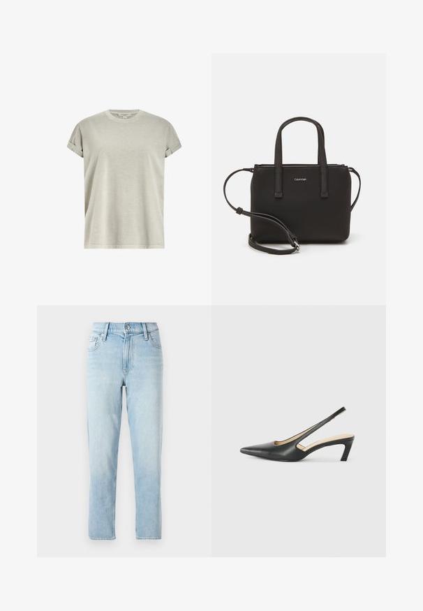 Svetlošedé tričko s krátkym rukávom vyrobené z mäkkej textílie, s okrúhlym výstrihom a rolovanými rukávmi, s voľným strihom.; Svetlo modré džíny z denimu, rovný strih, stredne vysoký pás, s piatimi vreckami a zapínaním na gombík vpredu.; Čierne slingback topánky s ostrou špičkou a nízkym opätkom, vyrobené z hladkej kože a s výrezmi na boku pre lepšiu priedušnosť.; Čierna kabelka s dvojitými krátkymi rúčkami a odnímateľným ramenným popruhom. Hladký materiál podobný koži s uzatváraním na zips a detailom loga.