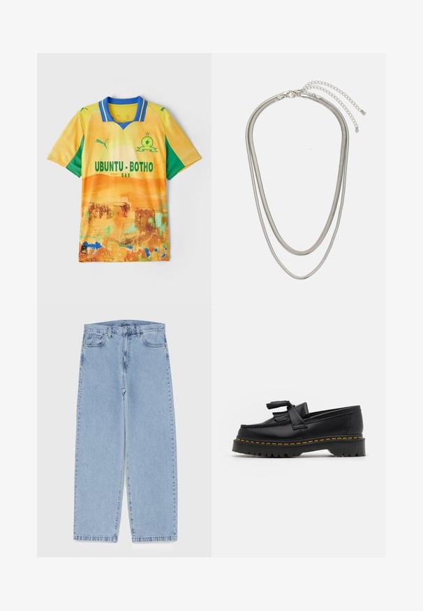 Camisa de futebol de mangas curtas amarela e verde com gola, apresentando designs abstratos e "UBUNTU · BOTHO" em texto negrito.; Jeans de denim azul claro com design de perna reta, apresentando uma cintura de altura média, cinco bolsos e um fecho de botão e zíper.; Mocassim de couro preto com um detalhe de franjas, apresentando uma sola preta robusta e costura amarela ao longo da borda. Acabamento texturizado.; Colar de metal prateado em três camadas, com correntes flexíveis e elegantes que possuem um leve brilho, fechado com um fecho de lagosta e corrente ajustável.