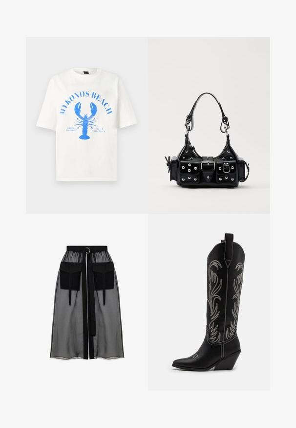 Valge puuvillane t-särk lühikeste varrukatega, millel on sinine homaarigraafika ja kaares kujunduses tekst "MYKONOS BEACH".; Must mustriga seelik, millel on kogutud vöökoht, kaks suurt esitaskut, vöötie ja ringikujuline metallaktsent.; Mustad mustad nahast cowboy saapad terava ninaga, vööndkanna ja hõbedaste tikanditega lillemustritega varred. Kontrastõmblused üle kogu.; Must värvi nahast käekott, millel on kaarjas disain, hõbedased nupukesed, kinnitusahe ja kaks külgtaskut. Reguleeritav rihm erinevate kandmisvõimaluste jaoks.