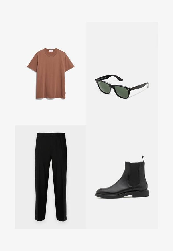 ARMEDANGELS JAAMES - T-Shirt basic - nutshell; Schwarze Hosen aus glattem Stoff, mit geradem Schnitt, zwei vorderen Taschen und einem Reißverschluss mit Knopfverschluss.; Schwarze Leder-Ankle-Boots mit glatter Textur, elastischen Seitenpaneelen und einer Zuglasche. Runde Zehenpartie und flache Gummisohle mit minimalem Profil.; Schwarze Plastiksonnenbrille mit grünen Gläsern, quadratischen Rahmen, silbernem Akzent auf der Augenbraue und strukturierten Bügeln. Angegebene Marke auf dem inneren Bügel.