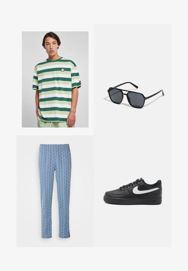 Starter STARTER SUN STRIPES - Marškinėliai su spaudiniu - darkfreshgreen vintagegreen white; Mėlynos raštuotos kelnės, turinčios deimanto dizainą, elastinę juostą ir šonines juostas. Pagamintos iš lengvos medžiagos, turinčios lygią tekstūrą.; Juodi Nike Air Force 1 sportbačiai su lygia odine viršutine dalimi, balta logotipo akcentu, perforuota nosimi ir tekstūruotu guminio pado.; Juodos akiniai nuo saulės su aštuonkampiu rėmeliu, tamsiais objektyvais, blizgiu paviršiumi, plonomis šakutėmis ir auksinėmis akcentais priekyje.
