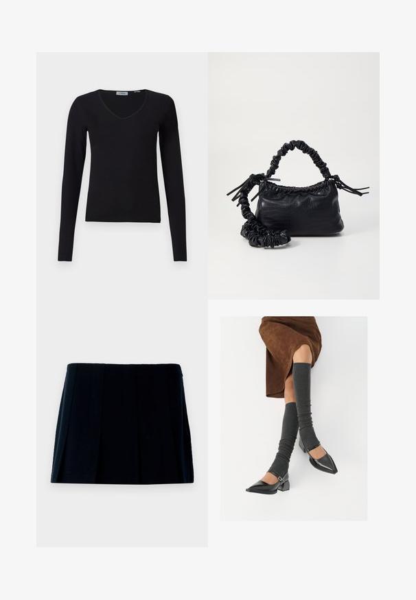 Čierny dlhý rukáv sveter s výstrihom do V, vystavený na bielom pozadí, s rebrovanou textúrou a jednoduchým, neformálnym dizajnom.; Čierna plisovaná mini sukňa vyrobená z textílie. Má priamy pás a množstvo vertikálnych skladov pre tvar a štruktúru.; Čierne lakované kožené topánky s špicatou špičkou, blokovým podpätkom a členkovým remienkom, ktoré sú kombinované so šedými rebrovanými legínami a hnedou zamšovou sukňou.; Čierna umelá kožená kabelka s kroko vzorom, sťahovaným vrchom a zhnutým popruhom. Vyzerá mäkko a kompaktné v dizajne.