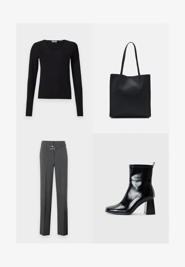 Juodas ilgas rankovėmis V-kaklo megztinis, eksponuojamas ant baltos fono, su briaunotu tekstūru ir paprastu, kasdienišku dizainu.; Tamsiai pilkos moteriškos kelnių su tiesiomis kojomis ir plonu derančiu diržu su auksinės spalvos sagtimi.; Juodas patentuotas kulkšninis botą su kvadratiniu pirštu ir stambiu geometriniu kulnu. Pristatomas lygus, blizgus paviršius ir užpakalinė kilpa, skirta patogiam apsiaustimui.; Juodas odinis tote krepšys su lygia tekstūra, stačiakampio formos ir dviem ilgais rankenomis. Matomų metalinių detalių ar puošybos nėra.