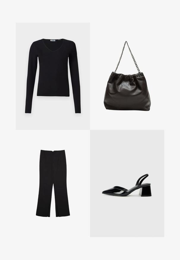 Musta pitkähihaisen V-kaula-aukkoisen neuleen esittely valkoisella taustalla, jossa on ribbikuviointi ja yksinkertainen, rento muotoilu.; Mustat housut suoralinjaisella leikkauksella, joissa on etutaskut ja sivurei'ät helman alla. Valmistettu pehmeästä ja sileästä kankaasta. Sopii eri tilaisuuksiin.; Mustat patentoitu nahkakengät, joissa on säären takaosa ja terävä kärki, sekä geometrinen palikkakorko. Sisältää tyylikkään, minimalistisen muotoilun ja sileän pinnan.; Ruskea nahkainen laukku, jossa on kerätty yläosa ja ketjuhihna. Tasainen pinta, jossa kiiltävä viimeistely ja hienovaraiset sauman yksityiskohdat sivuilla.