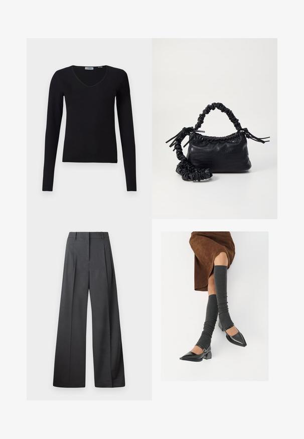 Fekete, hosszú ujjú, V nyakú pulóver fehér háttéren, bordázott textúrával és egyszerű, laza dizájnnal.; Széles szárú nadrág sötétszürke anyagból, magas derekú, egyes redőkkel, sima textúrával és tiszta befejezéssel a szegélyeken.; Fekete lakk bőrből készült, hegyes orrú cipők, tömbsarkúakkal és bokapánttal, szürke bordás lábszármelegítőkkel és barna velúr szoknyával párosítva.; Fekete műbőr kézi táska krokodil bőr textúrával, összehúzható tetejű és gyűrt pánttal. Lágy és kompakt dizájnúnak tűnik.