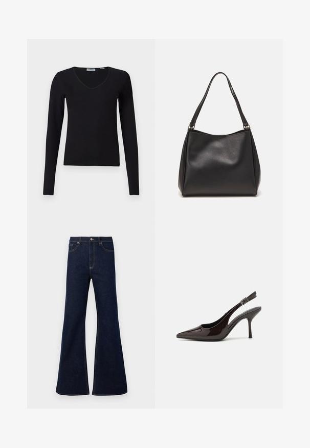 Svart langermet V-hals genser vist på hvit bakgrunn, med ribbestruktur og et enkelt, uformelt design.; Mørkeblå vide denimjeans med høy midje, frontlommer og gyldne sømdetaljer. Glatt tekstur med tradisjonell passform.; Slingback høyhælte sko i blankt mørkebrunt patentlær, spiss tå, åpne sider og justerbar ankelrem.; Svart syntetisk lærveske med myk tekstur, hobo-form og doble skulderstropper; har en blank overflate og minimalistisk design.