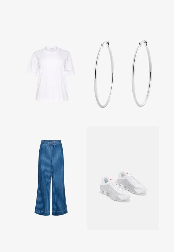 White short-sleeve cotton T-shirt with a round neckline, relaxed fit, and rolled sleeve cuffs. Smooth texture and minimalistic design.; Blue denim wide-leg trousers with white vertical stripes. Features a drawstring waistband and a smooth texture. Accent stitching visible.; White running shoes with grey accents, featuring a textured upper, perforations for ventilation, and segmented heel for cushioning.; Silver hoop earrings with a smooth, polished surface and a thin, circular shape. The design features a secure clasp.