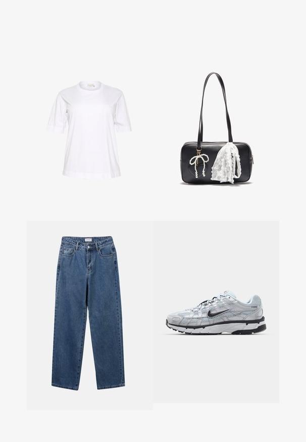 Bílé bavlněné tričko s krátkým rukávem, kulatým výstřihem, volným střihem a ohrnutými manžetami. Hladká textura a minimalistischý design.; Klasické modré džíny z denimu se střihy rovné nohy, pěti kapsami a zapínáním na knoflík. Mají střední odstín a odolnou texturu.; Tenisky Nike P-6000 s lehkou šedou síťovinou, černými akcenty a odolnou černou gumovou podrážkou. Vyznačují se složitým designem a systémem šněrování.; Even&Odd Kabelka - black