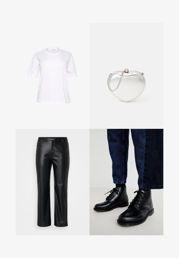 T-shirt en coton blanc à manches courtes avec un col rond, coupe décontractée et poignets roulés. Texture lisse et design minimaliste.; Pantalons en cuir synthétique noirs avec une coupe droite, dotés de passants de ceinture, de poches avant et d'une fermeture éclair avec bouton. Texture lisse.; Bottines en cuir noir avec bout rond, design à lacets et œillets en métal. Portées avec un pantalon en denim bleu foncé, présentant une coupe droite.; Pochette en métal argenté en forme de cœur avec une texture lisse, fermeture à clapet et une bandoulière en chaîne argentée.