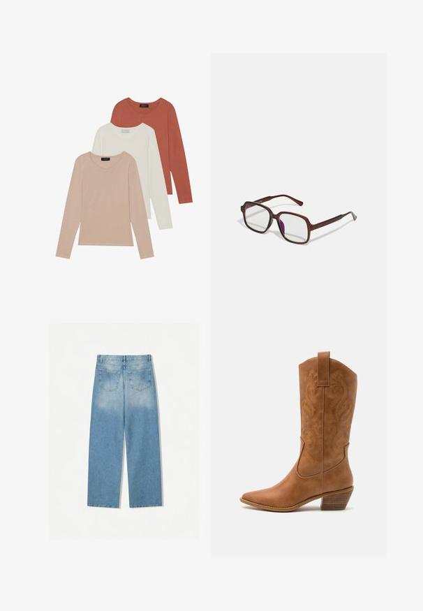 Drie langemouw t-shirts tentoongesteld, in een licht beige, witte en roestkleur. Gemaakt van een soepele stof met een ronde hals.; Lichtblauwe denim jeans met een rechte pijpdesign, met twee achterzakken en een vervaagde textuur in de bovenste secties.; Tan leren cowboylaars met puntige neus, geborduurde spiraalpatronen op de schacht en een gestapelde blokhak. Voorzien van een trekband voor gemakkelijke aan- en uittrekken.; Bruine, rechthoekige bril met transparante glazen en paarse tinten. Glad kunststof montuur met rechte pootjes en subtiele accenten.; Zilveren oorbellen in de vorm van een gladde, gepolijste ring. Ronde vorm met een veilige kliksluiting. Lichtgewicht ontwerp, geschikt voor dagelijks gebruik.