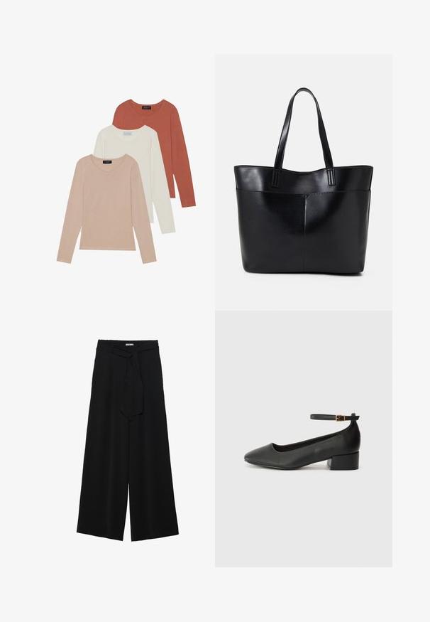 Três t-shirts de manga longa em exibição, com cores bege claro, branca e ferrugem. Feitas de um tecido suave com um decote arredondado.; Calças largas pretas com um tecido texturizado, uma cintura elástica e um laço destacável na cintura para um ajuste ajustável.; Sandal de pele preta com bico pontiagudo e um salto bloco baixo. Apresenta uma tira no tornozelo com uma fivela em tom dourado. Textura suave.; Bolsa tote preta em couro com duas alças longas, textura suave e forma estruturada. Apresenta um bolso frontal para armazenamento adicional.