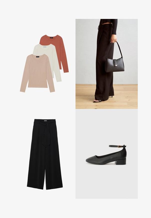 Három hosszú ujjú póló kiállítva, világos bézs, fehér és rozsdabarna színekben. Simogatós anyagból készült, kerek nyakkivágással.; Fekete, bő szárú nadrág, texturált anyagból, rugalmas derékpánttal és levehető sállal a derekán, amely állítható illeszkedést biztosít.; Fekete bőr magassarkú cipő hegyes orral és alacsony tömb sarkal. Bokapánttal rendelkezik, aranyszínű csattal. Simább textúra.; Fekete kézi táska strukturált formával, sima textúrával és fémből készült záródással. Széles fekete nadrággal és nyitott orrú szandállal párosítva, fából készült padlón.