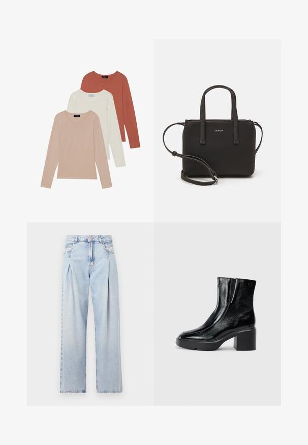 Kolm pikka varrukat särkide komplekti, millel on heleda beeži, valge ja rusk värv. Valmistatud siledast kangast, ümmarguse kaelusega.; Heledad sinise denimist valmistatud teksapüksid kõrge vöökohaga, laia jala lõikega, kahe külje taskuga ja pleedi disainiga. Pehme tekstuur ja pleekinud viimistlus.; Mustmustest must paeltega särkide, millel on kõver varvas, elastsed külgpaneelid ja jäme plokkpealse. Tagaküljel on reljeefne logo.; Musthave mustrans vöö ja eemaldatav õlarihm. Gludike nahk siledaga, millel on tõmblukk ja logo detail.