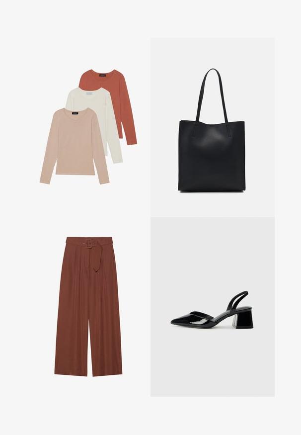 Drei Langarm-T-Shirts ausgestellt, in den Farben Hellbeige, Weiß und Rostorange. Hergestellt aus glattem Stoff mit einem runden Ausschnitt.; Braune Weitbeinehosen aus Stoff, mit einem Gürtel mit eckiger Schnalle, gefältetem Design und glatter Textur.; Schwarze Lackleder-Slingback-High Heels mit spitzem Schuh und einem geometrischen Blockabsatz. Verfügt über ein schlankes, minimalistisches Design und eine glatte Textur.; Schwarze Laptoptasche aus Leder mit glatter Textur, rechteckiger Form und zwei langen Griffen. Keine sichtbaren Beschläge oder Verzierungen.