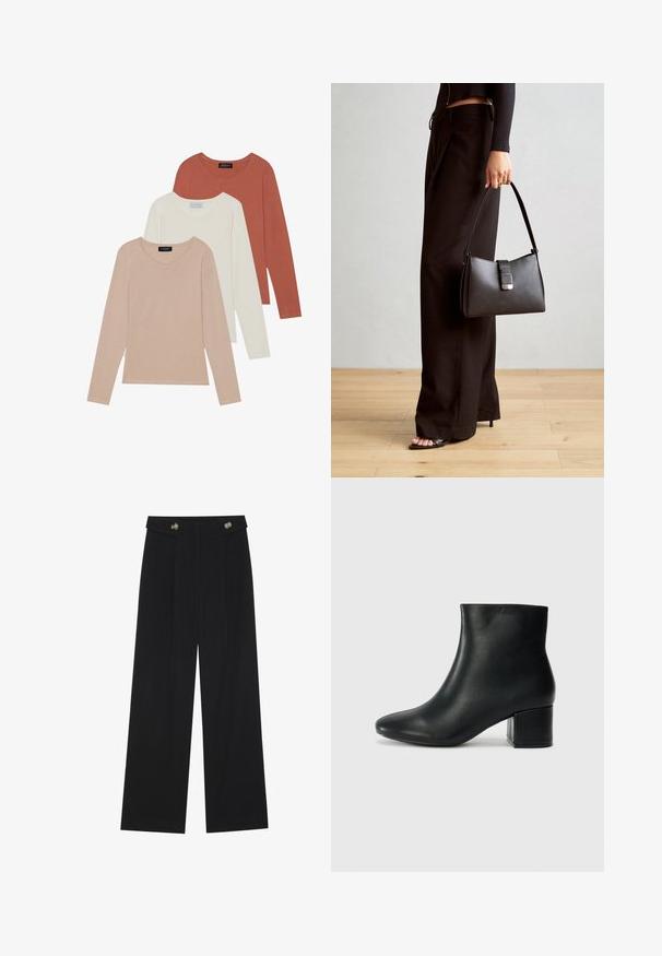 Trīs garās piedurknes T-krekli, kurus izceļ gaismas bēšā, baltā un rūsas krāsā. Izgatavoti no gludas auduma ar apaļu kakla izgriezumu.; Melnas platās bikses ar augstu jostasvietu, pogu detaļām uz jostas un priekšējām krokām.; Melna ādas potīšu zābaki ar smailu purngalu un masīlu papēdi. Gluda tekstūra ar minimāliem akcentiem un gludu, pieguļošu dizainu.; Melnā somiņa ar strukturētu formu, gludu tekstūru un metālu sprādzi. Saskaņota ar platām melnām biksēm un sandālēm ar atvērtu purngalu uz koka grīdas.