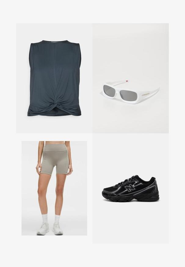 Yogasearcher TWISTED - Topp - forest; lululemon SWIFT SPEED HIGH-RISE 15CM - Lühikesed jooksupüksid - warm ash grey; Mustad mustus spordijalats koos võrkkattega, hõbedaste detailide, pehmendatud tallaga ja nööridega sulgemisega. Omab ümarat varbaosa ja tekstureeritud tallatähist.; Valged ristkülikukujulised Oakley prillid tumedate läätsedega, puhkavad valgel pinnal, logo nähtav küljelt.