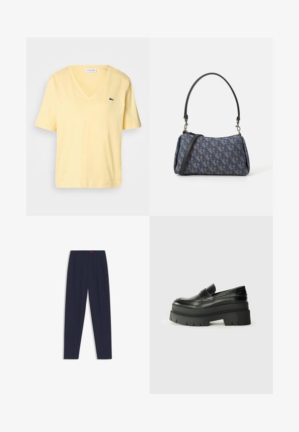 Gul bomulds T-shirt med korte ærmer, V-halsdesign og et lille grønt Lacoste-logo på venstre bryst. Glat tekstur og enkelt stil.; Mørkeblå skræddersyede bukser med en glat tekstur, der har forkantede folder og sidelommer. Lige ben design uden synlige udsmykninger.; Sorte læder loafers med en kraftig platformsål. Rund tå, forkant-søm detalje og subtile syninger. Flad, struktureret ydersål.; Blå mønstret håndtaske lavet af stof, med en buet form, sort læderrem og logodesign i en lysere skygge.