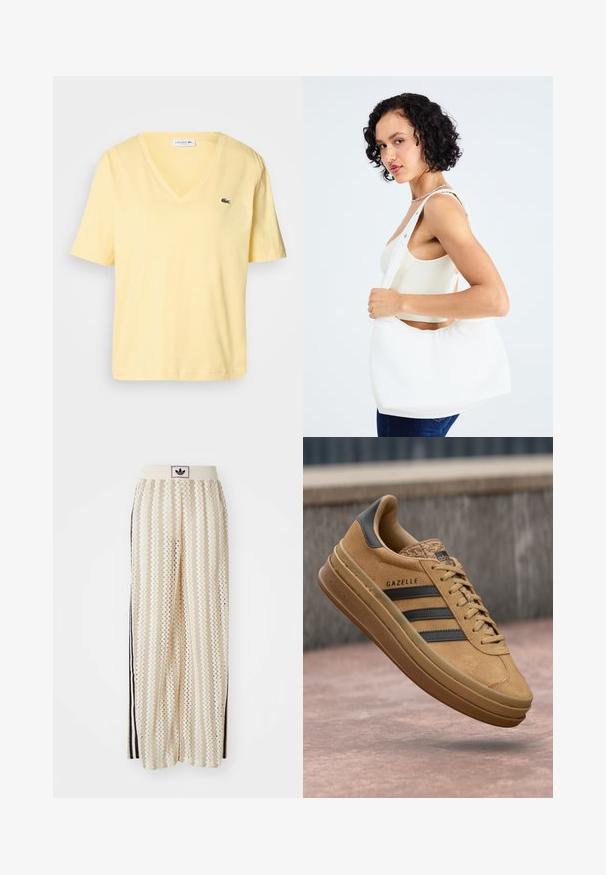Camisola de algodão amarela com mangas curtas, design em V, e um pequeno logótipo verde da Lacoste no peito esquerdo. Textura suave e estilo simples.; Calças largas de cor creme com um padrão em zigzag, apresentando uma cintura com logotipo preto e riscas laterais pretas. Tecido leve e texturizado.; Tênis de camurça bege com uma textura suave, apresentando três riscas escuras, um bico arredondado e uma sola mais grossa com uma borda padronizada.; Bolsa de ombro branca feita de material liso, apresentando um recorte oval e um design de alça larga. Simples e moderna, sem hardware visível.