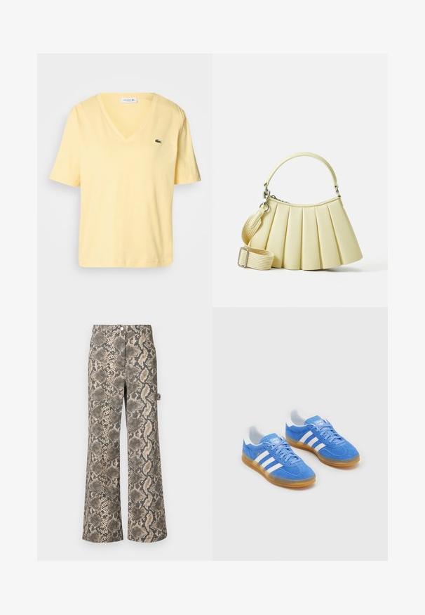 Sárga pamut póló rövid ujjakkal, V-nyakkivágással és egy kis zöld Lacoste logóval a bal mellrészen. Simaság és egyszerű stílus jellemzi.; Bőrszárú nadrág, mű kígyóbőr mintával, bézs és fekete árnyalatokkal, sima textúrával és normál derékszárral.; Kék velúr sportcipők fehér csíkos díszítéssel, gumi talppal és párnázott nyakkal a kényelem érdekében. Hagyományos fűzős dizájnnal rendelkezik.; Szalagos kézitáska puha sárga anyagból, ívelt fogantyúval. Levehető, állítható pánttal rendelkezik, sima tapintású és minimális fém alkatrészekkel.