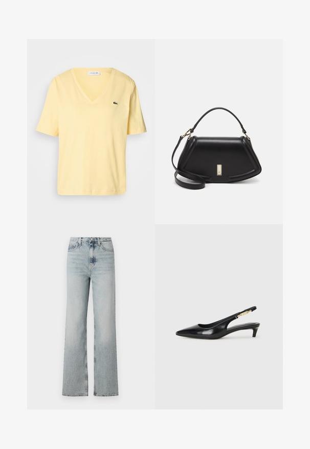 Żółta bawełniana koszulka z krótkim rękawem, zapinana w serek, z małym zielonym logo Lacoste na lewej piersi. Gładka tekstura i prosty styl.; Dżinsy z wysokim stanem w jasnoniebieskim kolorze o szerokiej nogawce, z pięcioma kieszeniami i delikatnym wypłowieniem na tkaninie.; Czarne skórzane szpilki typu slingback z ostrym noskiem, posiadające smukły obcas i złoty akcent na regulowanym pasku. Gładka tekstura.; Czarna skórzana torebka o strukturalnym designie, z przyciętą formą, górnym uchwytem i złotymi akcentami. W zestawie regulowany pasek na ramię.