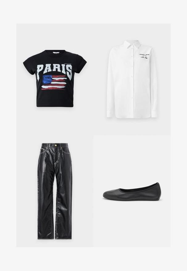 Černé bavlněné tričko s nápisem "PARIS" v tučných bílých písmenech a opotřebovanou grafikou americké vlajky v červené, bílé a modré barvě. Krátké rukávy.; Bílá košile s dlouhým rukávem, s límečkem a černým výšivkovým nápisem "Moschino Jeans" na levé horní části hrudi.; Černé kalhoty z umělé kůže širokého střihu, se bílým prošíváním, předními kapsami a zlatým knoflíkem v pase.; Černé kožené baletní byty s kulatou špičkou, hladkou texturou, minimálními švy a flexibilním designem podrážky.