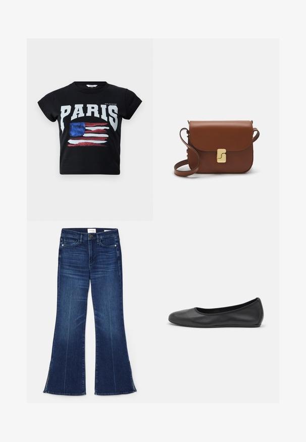 T-shirt nera in cotone con la scritta "PARIS" in lettere bianche in grassetto e un grafico della bandiera americana in stile vintage nei colori rosso, bianco e blu. Maniche corte.; Jeans a zampa d'elefante blu scuro in denim. Caratterizzati da una vita alta, tasche anteriori e dettagli con spacco all'orlo. Design classico a cinque tasche.; Pantofole da balletto nere in pelle con punta arrotondata, texture liscia, dettagli di cucitura minimi e design con suola flessibile.; Borsa a tracolla in pelle marrone con chiusura a pattina, hardware color oro, tracolla e una finitura liscia. Forma rettangolare compatta.