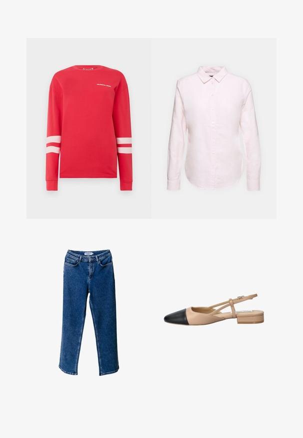 Punane pikkade varrukate särk puuvillast, millel on valge tekst "VÄRVIKAS UUENDUS" ja kaks horisontaalset valget triipu varrukatel. Klassikaline ümmargune kaelus.; Kergelt roosa pika varrukaga särk, mis on varustatud nööpidega kaelaribaga, sirge hemiga ning pehme tekstuuriga, valmistatud kerge puuvillase kanga materjalist.; Sinine denimpaar laiade sääretega teksad kõrge vöökoht, millel on ees taskud, kontrastne õmblemine ja mugav lõige.; Beez ja must kahetooniline slingback king, millel on terav nina, lame konts ja ristuv rihma detail. Sile nahk tekstuur.