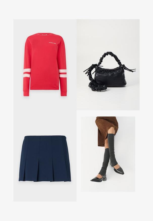 Rotes Langarmshirt aus Baumwolle mit weißem Text "COLOURFUL REBEL" und zwei horizontalen weißen Streifen an den Ärmeln. Klassisches Crewneck-Design.; Marineblauer, gefalteter Minirock mit geradem Bund, aus glattem Stoff. Verfügt über vertikale Nähte entlang der Falten.; Schwarze lacklederne spitze Schuhe mit Blockabsatz und Knöchelriemen, kombiniert mit grauen gerippten Beinstulpen und einem braunen Wildlederrock.; Schwarze Handtasche aus Kunstleder mit Krokodilstruktur, gerafftem oberen Teil und einem geschoppten Tragegurt. Sie wirkt weich und kompakt im Design.