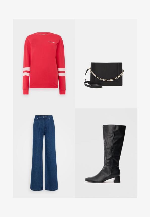 Czerwona koszula z długim rękawem z bawełny z białym napisem "COLOURFUL REBEL" oraz dwiema poziomymi białymi paskami na rękawach. Klasyczny dekolt typu crew neck.; Niebieskie dżinsy o szerokich nogawkach z wysokim stanem, z przodu na guzik i zamek błyskawiczny, oraz kieszeniami z przodu i z tyłu na jednolitym tle.; Czarny skórzany botek do połowy łydki z ostrym noskiem i słupkowym obcasem na jednolitym jasnym tle.; Czarna skórzana torebka typu crossbody z gładką teksturą, prostokątnym kształtem oraz metalowym detalem w postaci łańcuszka z przodu. W zestawie regulowany pasek.