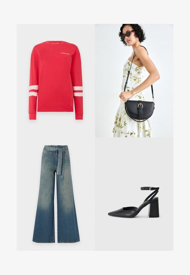 Cămașă roșie cu mâneci lungi din bumbac, cu text alb "COLOURFUL REBEL" și două dungi albe orizontale pe mâneci. Design clasic cu guler rotund.; Pantaloni din denim largi, cu un gradient de la albastru deschis la albastru închis, talie înaltă, bucle pentru curea și o curea din același material. Finisaj texturat din denim.; Pantofii cu toc ascuțit din piele neagră, cu breteaua pentru glezne și toc gros. Textură netedă, design elegant și estetică minimală.; Geantă din piele neagră, cu o formă curbată, curea detașabilă și accesorii aurii. Geanta are un capac cu un detaliu tip cataramă.