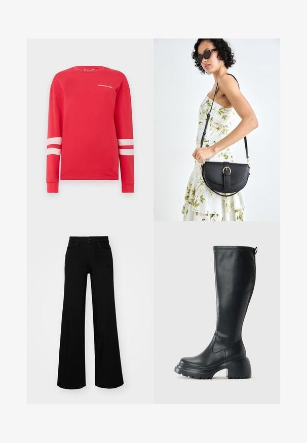 Červená košeľa s dlhým rukávom z bavlny s bielym textom "COLOURFUL REBEL" a dvoma vodorovnými bielymi pruhmi na rukávoch. Klasický dizajn s okrúhlym výstrihom.; Čierne široké nohavice z denimu s pevným pásom, pútkami na opasok a prednými vreckami. Hladká štruktúra s klasickým dizajnom.; Vysoká čierna kožená čižma s masívnou platformou a blokovým podpätkom, s praktickým pútkom a textúrovaným vzorom na podošve.; Čierna kožená kabelka s zaobleným tvarom, odnímateľným popruhom a zlatými doplnkami. Kabelka má klopu s detailom s prackou.