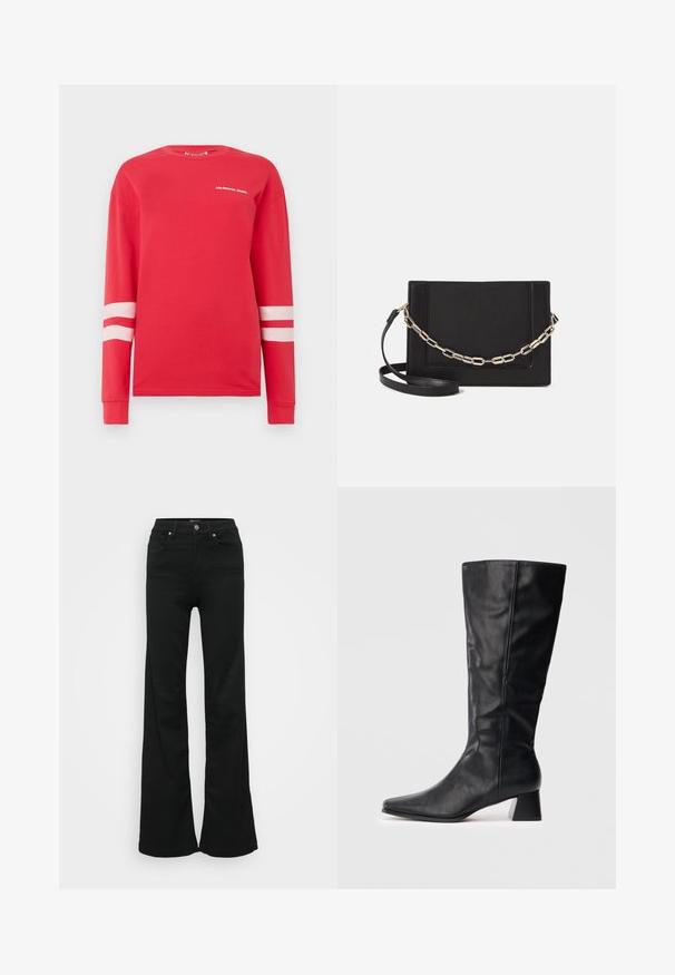 Punainen pitkähihaista paitaa puuvillasta, jossa valkoinen teksti "VÄRIKKÄÄ REBELLO" ja kaksi vaakasuoraa valkoista raitaa hihoissa. Klassinen pyöreä pääntie.; Mustat levenevät farkut, valmistettu denimmateriaaleista. Korkea vyötärö, viisi taskua ja metallinen napitus. Sileä pinta, jossa on minimaalinen yksityiskohtaisuus.; Musta nahkainen keskipitkä saapas, jossa on terävä kärki ja pömpöti korko vaalealla taustalla.; Musta nahkainen olkalaukku, jossa on sileä pinta, suorakulmainen muoto ja metalliketju yksityiskohtana edessä. Mukana säädettävä hihna.