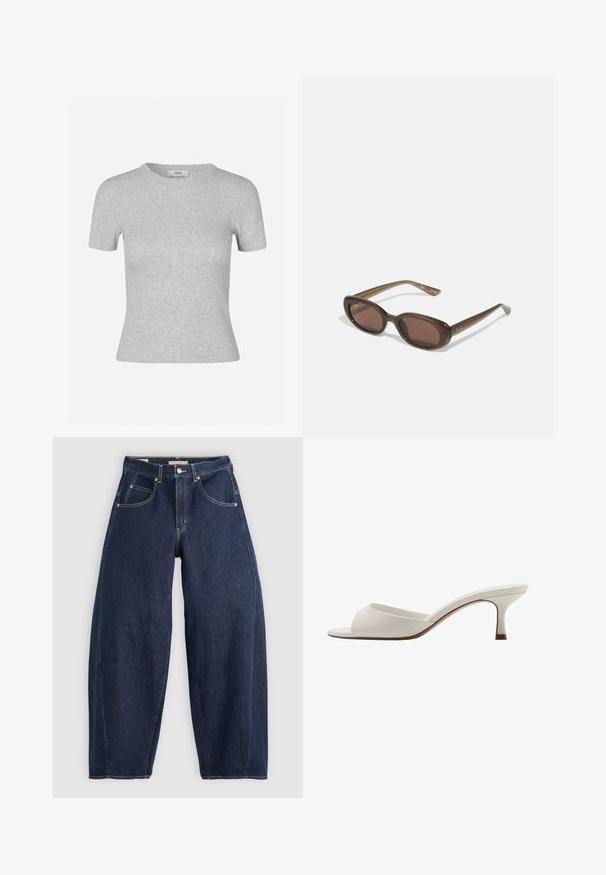 Grå kortærmet t-shirt med ribbet tekstur, rund halsudskæring og en tætsiddende pasform, med et diskret mærke.; Mørkeblå denim jeans med løs pasform, lyse syninger, fem lommer og en knaplukning ved taljen.; Hvide åbne højhælede mules med en glat finish, minimalistisk design og en slank hæl, der har en subtil brun accent på sålen.; Brune ovale solbriller med mørke linser. Stellet er lavet af transparent brunt materiale og har et logo trykt på stængerne.; Grøn lædertaske med en glat tekstur, buet form og flettet håndtag. Har lynlås lukning og justerbar rem.
