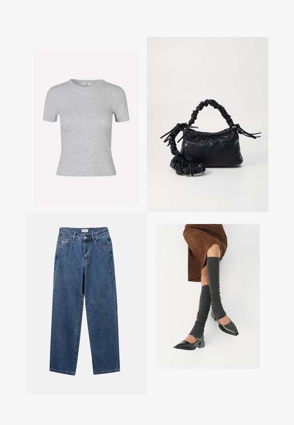 Grijze korte mouwen t-shirt met een geribbelde textuur, ronde halslijn en een getailleerde pasvorm, met een discrete merklabel.; Klassieke blauwe denim jeans met een rechte pijp, vijf zakken en een knoopsluiting. Heeft een middelgrote wasbeurt en stevige textuur.; Zwarte gepatineerde leren pumps met een puntige neus, een blokhak en een enkelbandje, gecombineerd met grijze geribde beenwarmers en een bruine suède rok.; Zwarte nepleer handtas met een krokodillenstructuur, opgedroogde bovenkant en een gekreukte hengsel. Het lijkt zacht en compact van ontwerp.