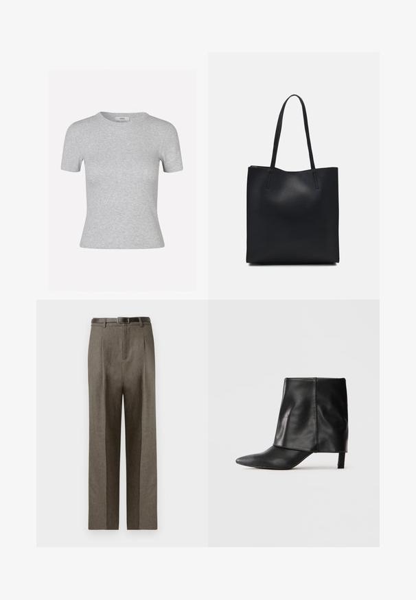 Grijze korte mouwen t-shirt met een geribbelde textuur, ronde halslijn en een getailleerde pasvorm, met een discrete merklabel.; Bruine op maat gemaakte broeken met een rechte snit, met een gladde textuur, riemlussen en een platte voorkant.; Zwarte leren laars tot halverwege de kuit met een spitse neus, opgevouwen bovenste schacht en slanke lage hak, staand op een witte achtergrond.; Zwarte leren handtas met een gladde textuur, rechthoekige vorm en twee lange handvaten. Geen zichtbare hardware of versieringen.