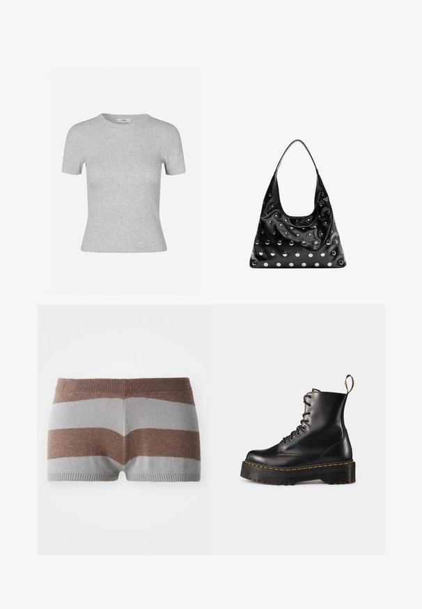 Gray short-sleeve t-shirt with a ribbed texture, round neckline, and a fitted shape, featuring a discreet brand label.; Knitted shorts in gray and brown stripes. Features a fitted waistband and smooth texture, with distinct color blocking.; Black leather lace-up ankle boots with a chunky black sole and yellow stitching. Features a pull tab at the back and circular metal eyelets.; Black leather handbag with a slouchy shape, featuring silver circular studs and a single shoulder strap. Smooth texture and shiny finish.