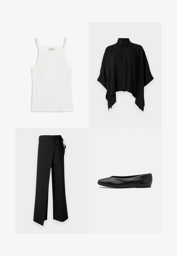 Valge tank top, millel on õhukesed rihmad, valmistatud ribakangast, sirge dekoltee ja puhas viimistlus allääres.; Mustast särgist, millel on sallkrae, lühikesed varrukad ja kastikujuline siluett. Valmistatud siledast kangast, millel on rinnatasku.; Mustad laia säärega püksid, millel on vöökohal pael, sile tekstuur ja ees lõhik, kujundatud mugavuse ja liikumisvabaduse tagamiseks.; Paul Smith TOPANGA - Baleriinad - black