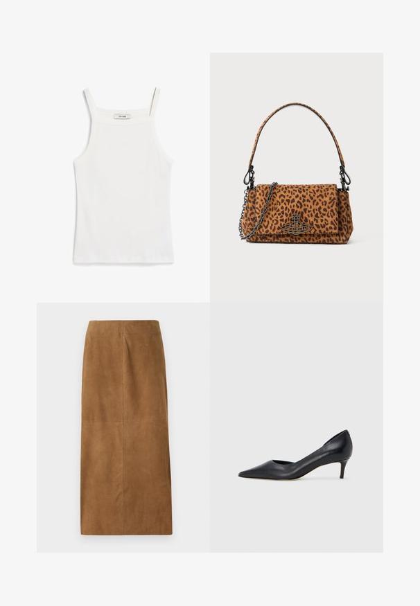 Weißes Tanktop mit dünnen Trägern, aus geripptem Baumwollstoff, mit einem geraden Ausschnitt und einem sauberen Abschluss am Saum.; Brauner Wildleder-Midirock mit geradem Schnitt, glatter Textur und sauberen Nähten. Hat keine sichtbaren Verschlüsse oder zusätzlichen Akzente.; Schwarzer Pumps aus Leder mit spitzer Zehenpartie und niedrigem Absatz. Verfügt über eine glatte Textur und dezenten Glanz. Vordere Öffnung für ein zusätzliches Detail.; Tasche im Leopardenmuster aus Wildleder mit kurzem Tragegriff, einer Kettenriemen und einem schwarzen Hardware-Verschluss. Rechteckige Form mit Klappenverschluss.