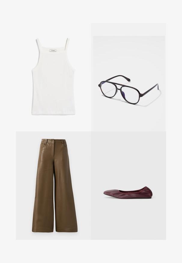 White tank top with thin straps, made of ribbed cotton fabric, featuring a straight neckline and a clean finish at the hem.; Wide-leg trousers made of smooth, brown faux leather. Features a high waist, four pockets, and a front zipper. Flat texture and minimalistic design.; Ballet flat in deep burgundy leather, featuring a rounded toe, elasticized rim, and smooth texture with subtle pleating detail.; Round, dark tortoiseshell glasses with clear lenses. Features slim plastic frames and a subtle hinge detail on the temples.