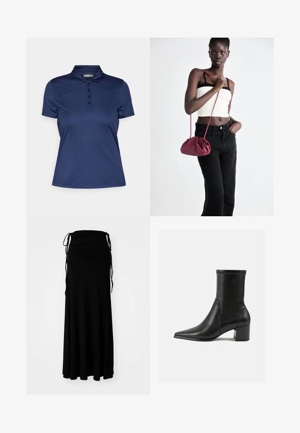 Jūras zila polo krekls, kas izgatavots no gludas, viegls auduma. Tam ir klasiskā apkakle un pogu stieni ar četriem pogām, īsām piedurknēm un taisnu apakšmalu.; Melna, potītes garuma kleita, izgatavota no mīkstas, elastīgas auduma, ar savilktu krūšu daļu un regulējamām saitēm sānos, radot plūstošu siluetu.; Melnas potītes zābaki, kas izgatavoti no gludas ādas, ar smailu purngalu, blokveida papēdi un izteiktu paceltu šuvumu augšējā malā.; Burgundijas mīkstas auduma soma ar sakoptu dizainu un garu siksnu, nēsāta uz krūšu. Modelis valkā baltu piegriezuma topu un melnas džinsus.