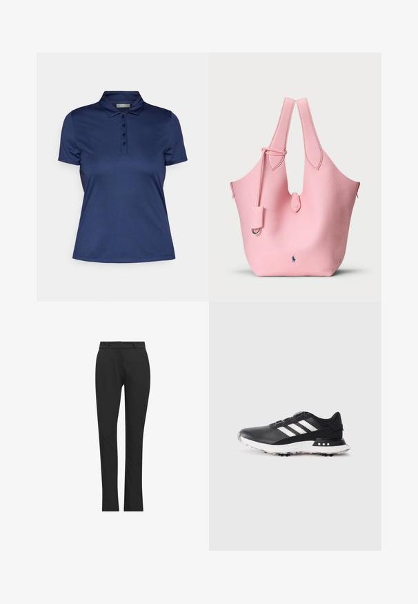 Granatowa koszulka polo wykonana z gładkiego, lekkiego materiału. Posiada klasyczny kołnierzyk oraz plisę z czterema guzikami, krótkie rękawy i prosty dół.; Czarne dopasowane spodnie wykonane z elastycznego materiału, charakteryzujące się gładką teksturą, wąskim krojem oraz płaskim przodem z pasami na pasek.; Czarny but sportowy z białymi paskami, teksturowana cholewka, okrągły czubek i biała gumowa podeszwa z małymi kolcami zapewniającymi przyczepność.; Różowa skórzana torba tote o teksturowanej powierzchni, z dwiema wydłużonymi uchwytami i małą odczepianą metką. Logo umieszczone na dole.